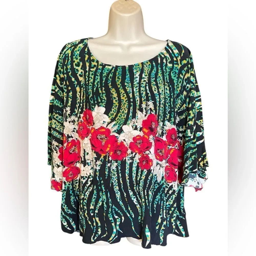 CATO kimono Sleeve Green Red Floral Black Animal Stripe Elastic Waist 22/24W